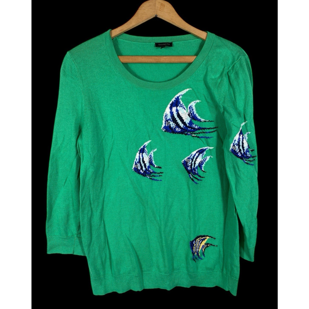 Talbots Sweater Large Fish Pattern Soft Knit Gree… - image 1